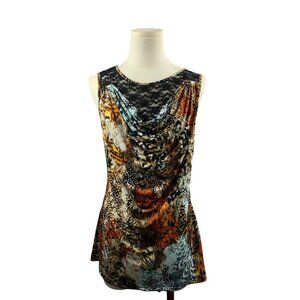 Cocomo Womens Sleeveless Cowl Neck Animal Print Top With Lace Detail